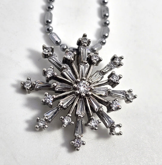 Silver snowflake cubic zirconia clear stone sterling silver necklace