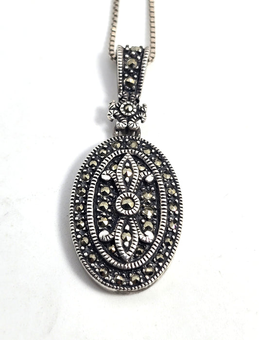 Judith Jack marcasite vintage sterling silver Fleur de lis pendant necklace