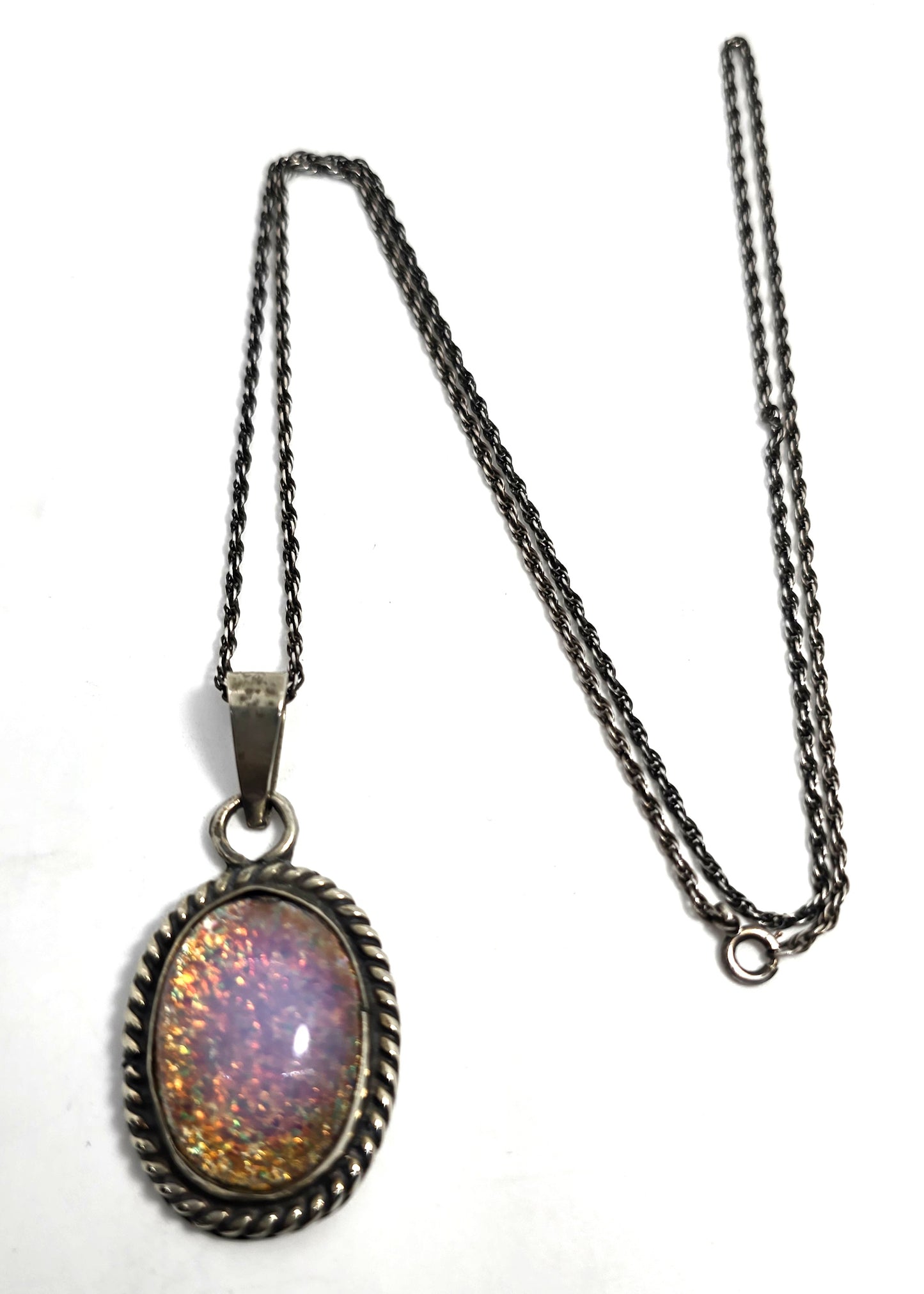 Taxco Mexico Dichroic glass Jelly Opal artisan Large solid sterling silver necklace