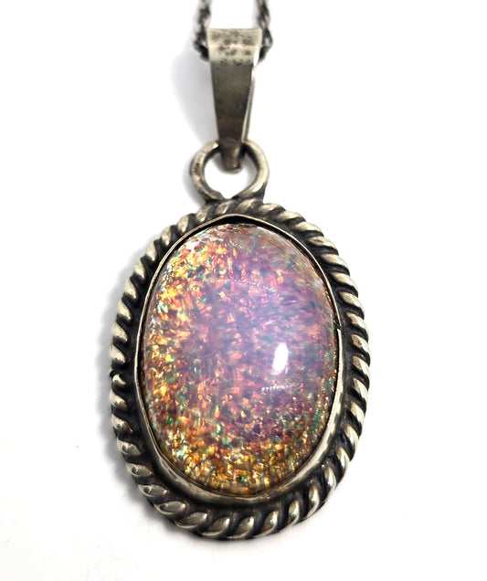 Taxco Mexico Dichroic glass Jelly Opal artisan Large solid sterling silver necklace