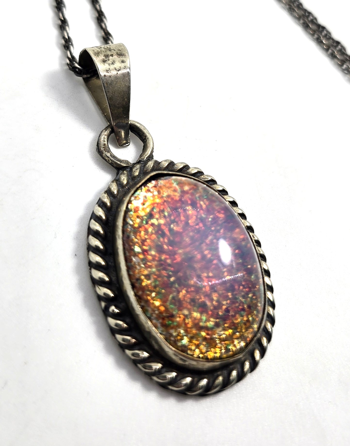 Taxco Mexico Dichroic glass Jelly Opal artisan Large solid sterling silver necklace