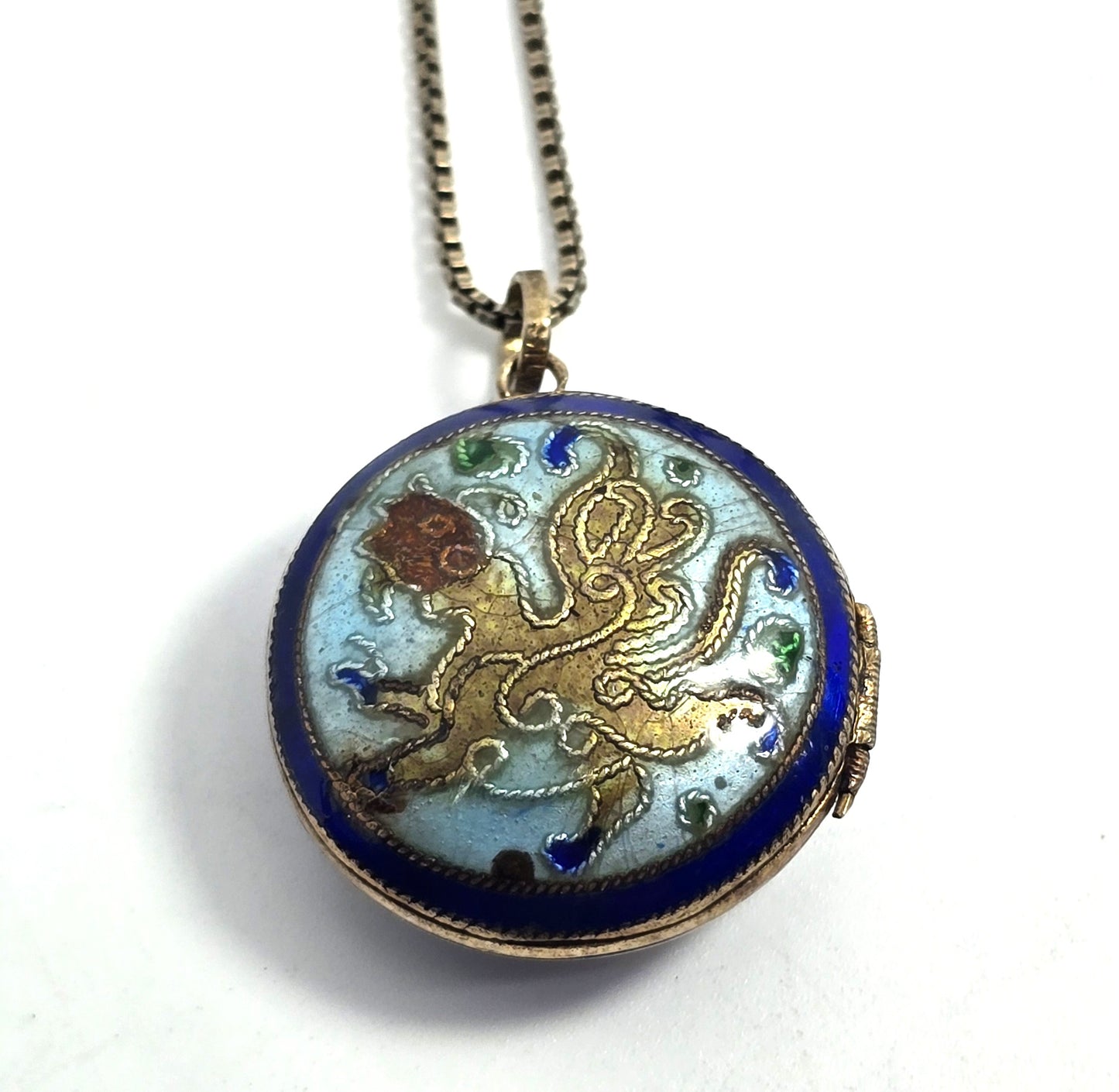 Chinese Export Dragon blue enamel cloisonne vermeil sterling silver vintage locket
