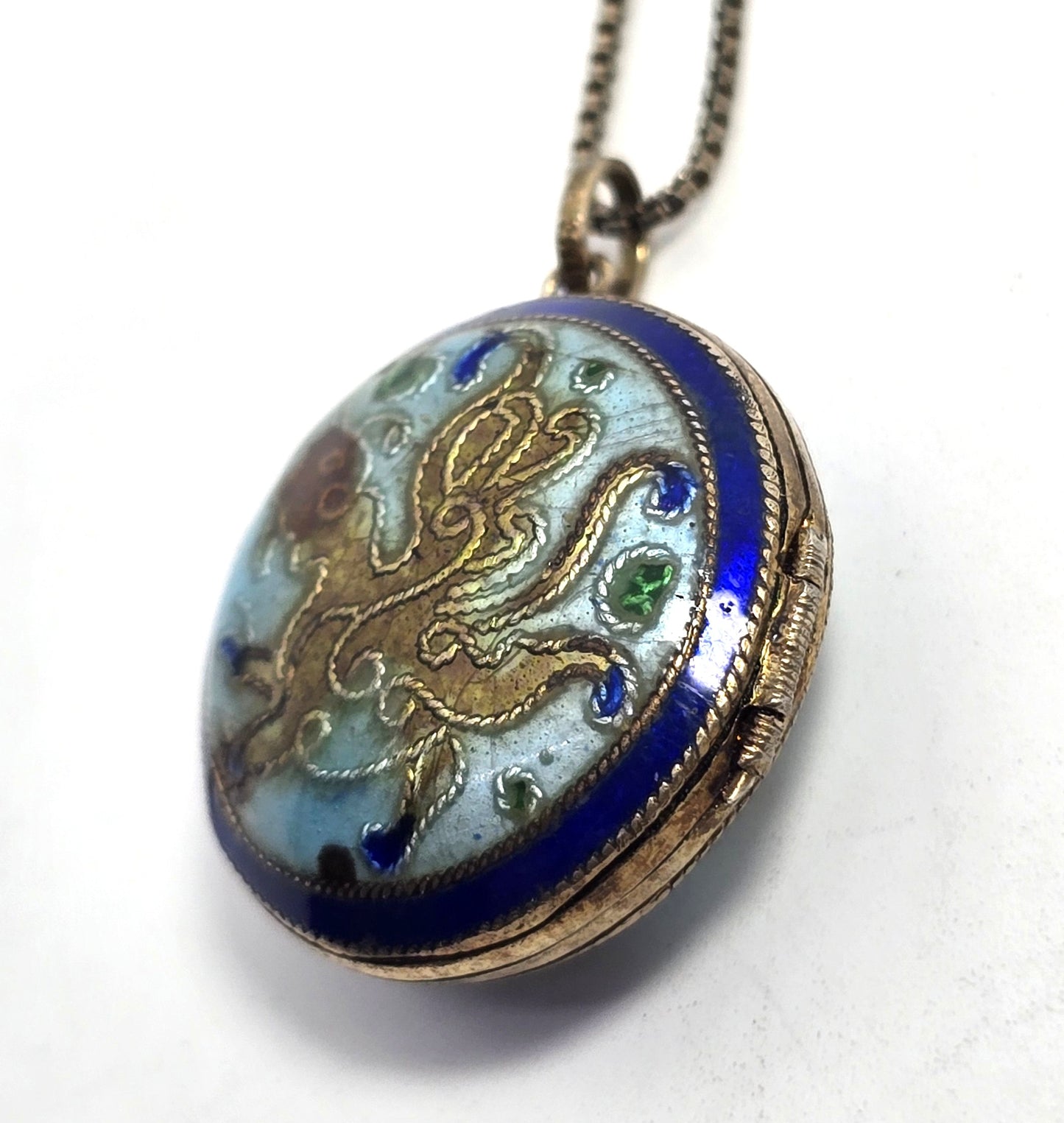 Chinese Export Dragon blue enamel cloisonne vermeil sterling silver vintage locket