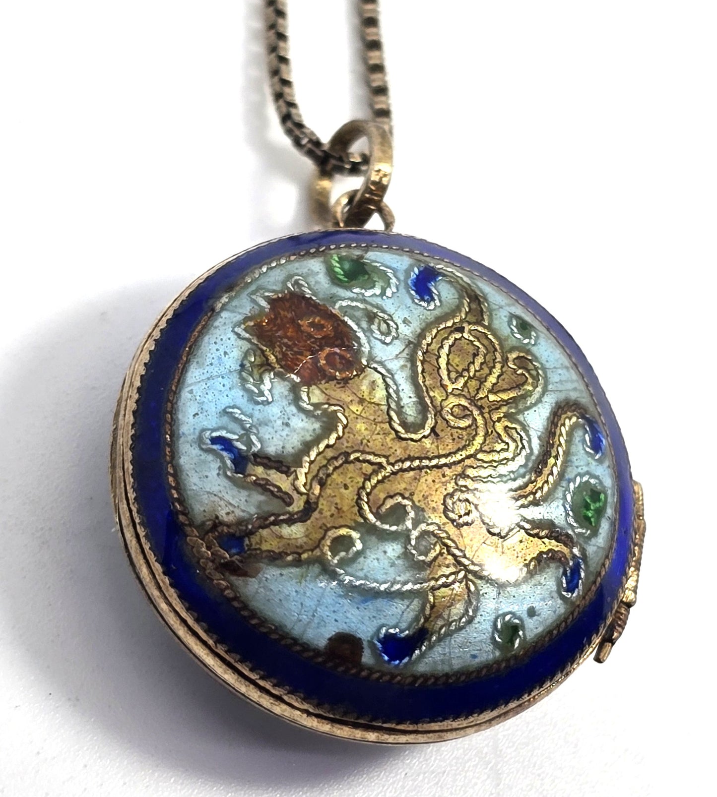 Chinese Export Dragon blue enamel cloisonne vermeil sterling silver vintage locket