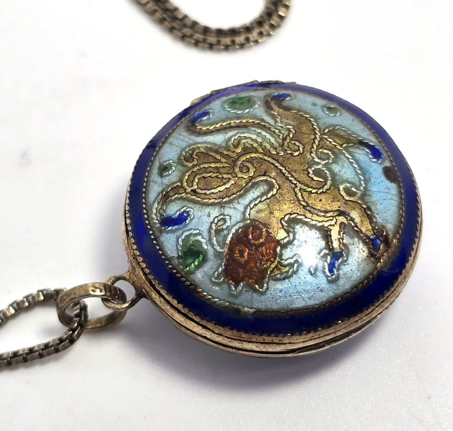 Chinese Export Dragon blue enamel cloisonne vermeil sterling silver vintage locket