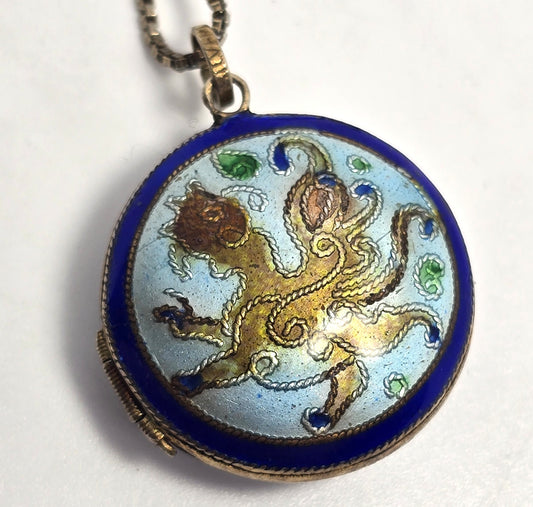 Chinese Export Dragon blue enamel cloisonne vermeil sterling silver vintage locket