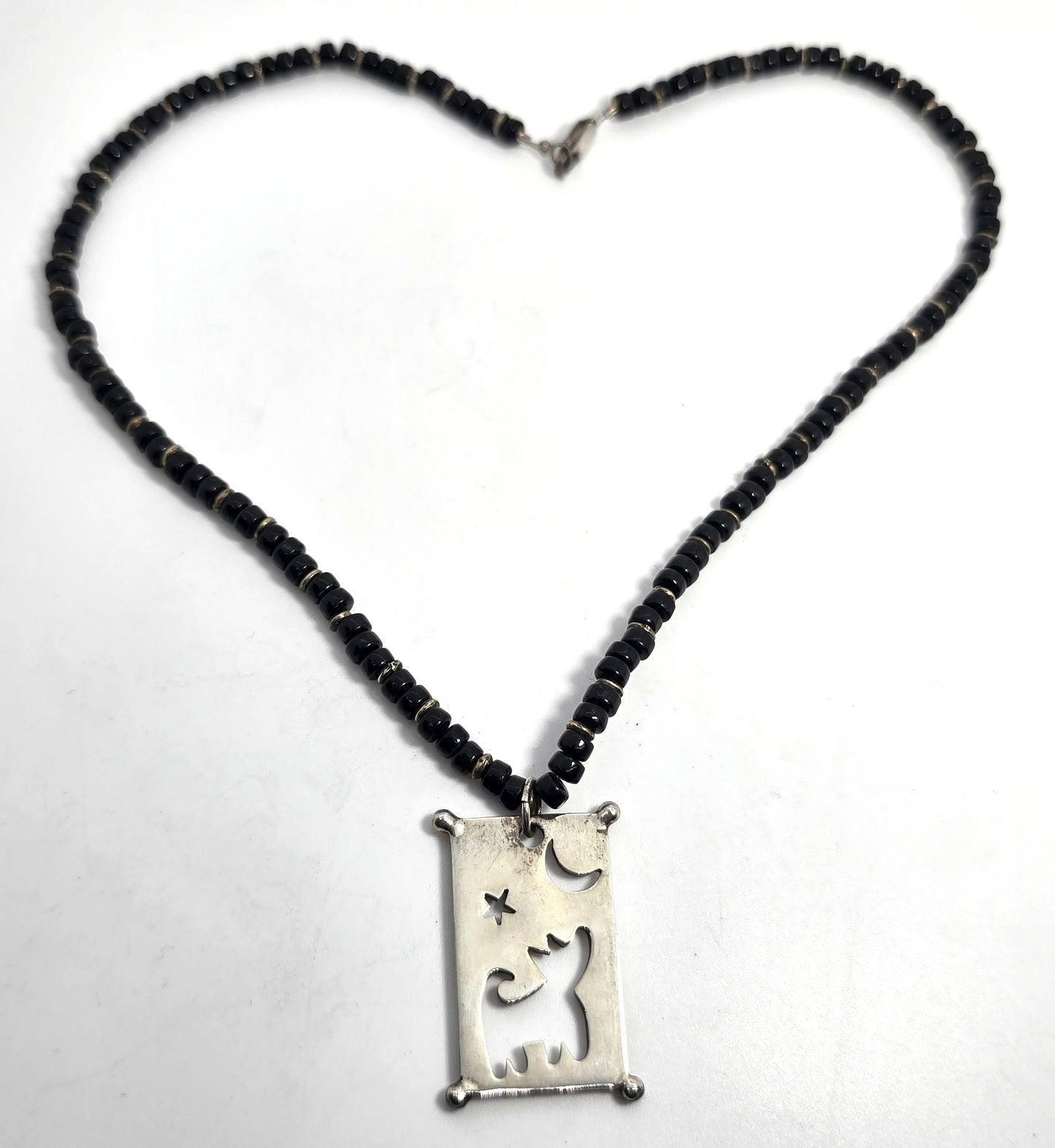 Wolf howling at the moon black seed bead artisan sterling silver necklace