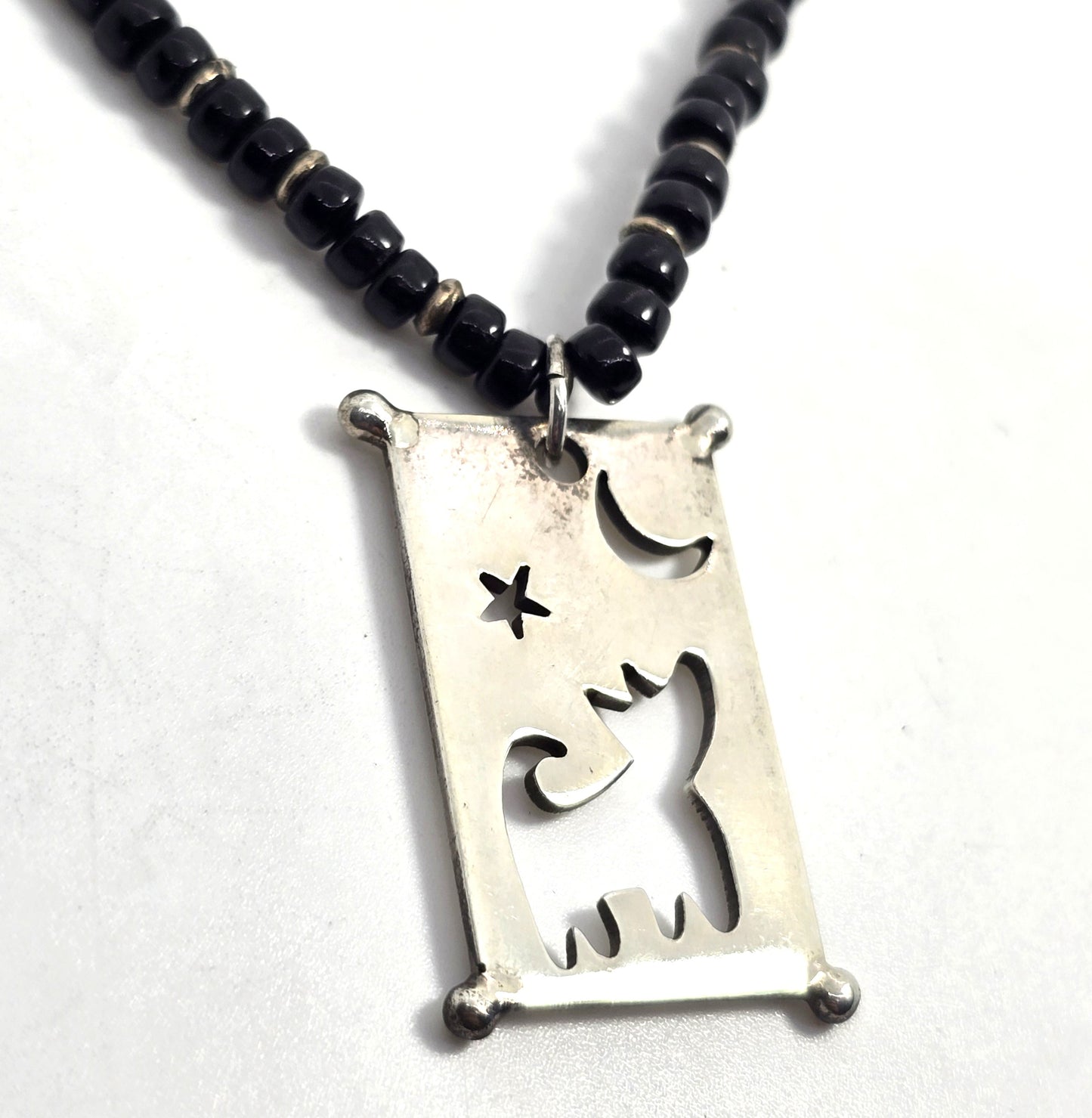 Wolf howling at the moon black seed bead artisan sterling silver necklace