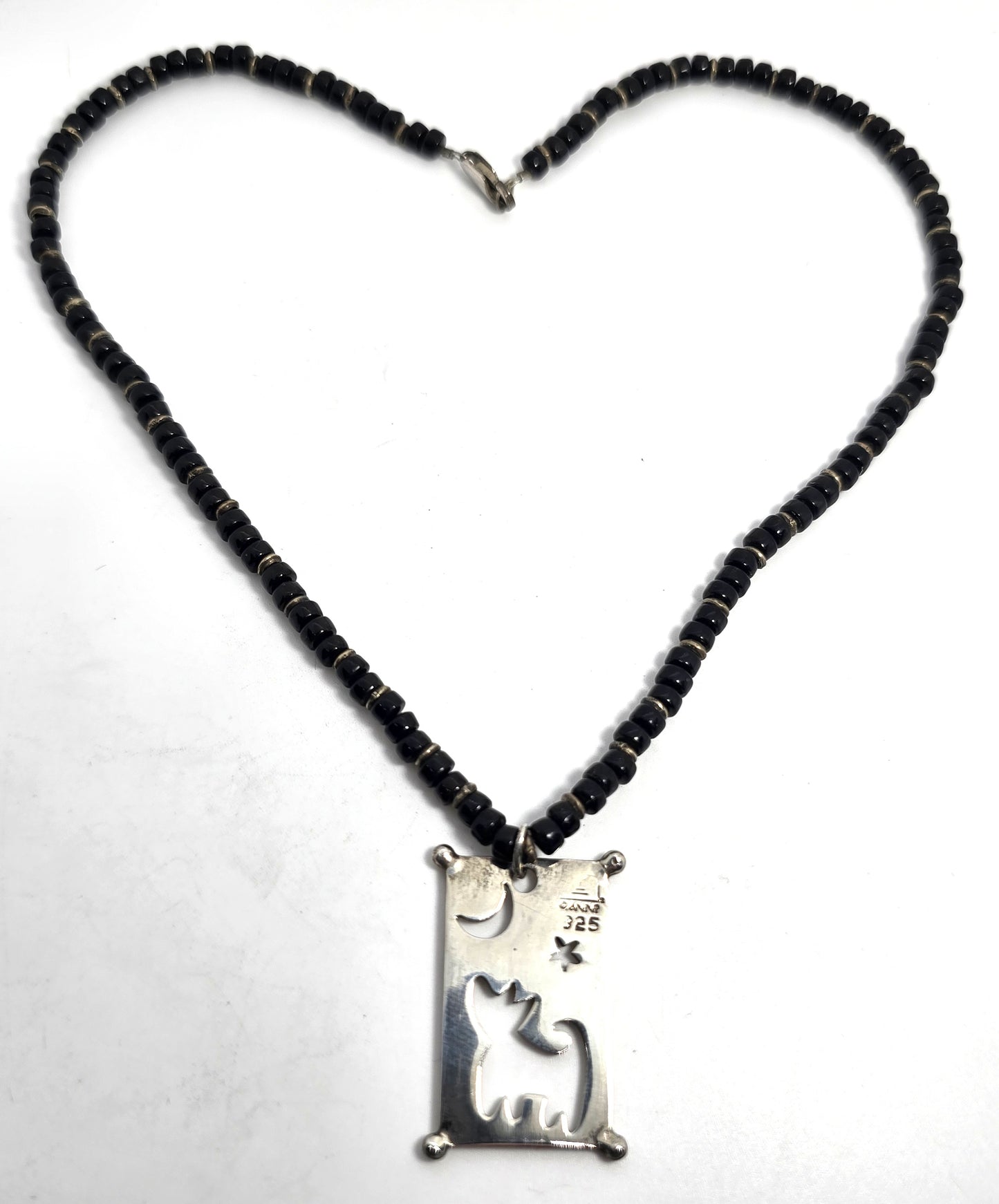 Wolf howling at the moon black seed bead artisan sterling silver necklace
