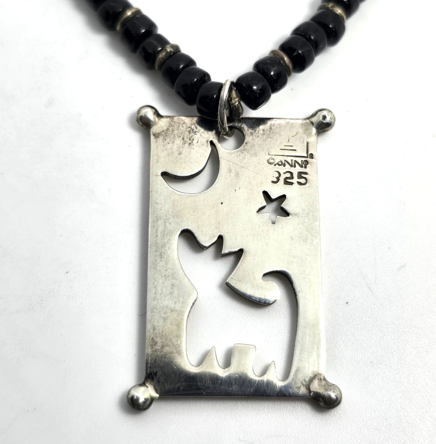 Wolf howling at the moon black seed bead artisan sterling silver necklace