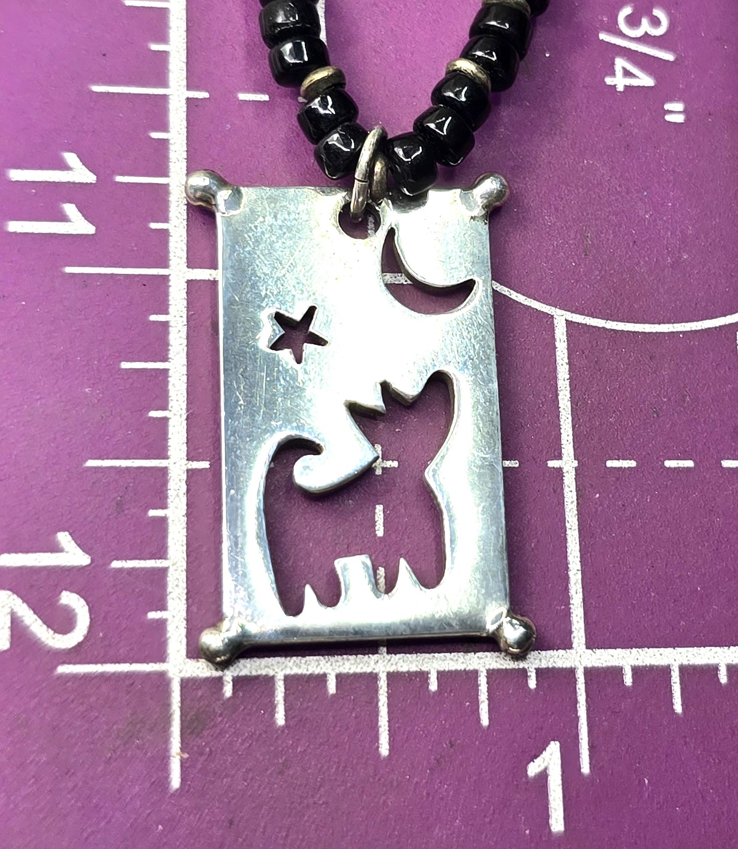 Wolf howling at the moon black seed bead artisan sterling silver necklace