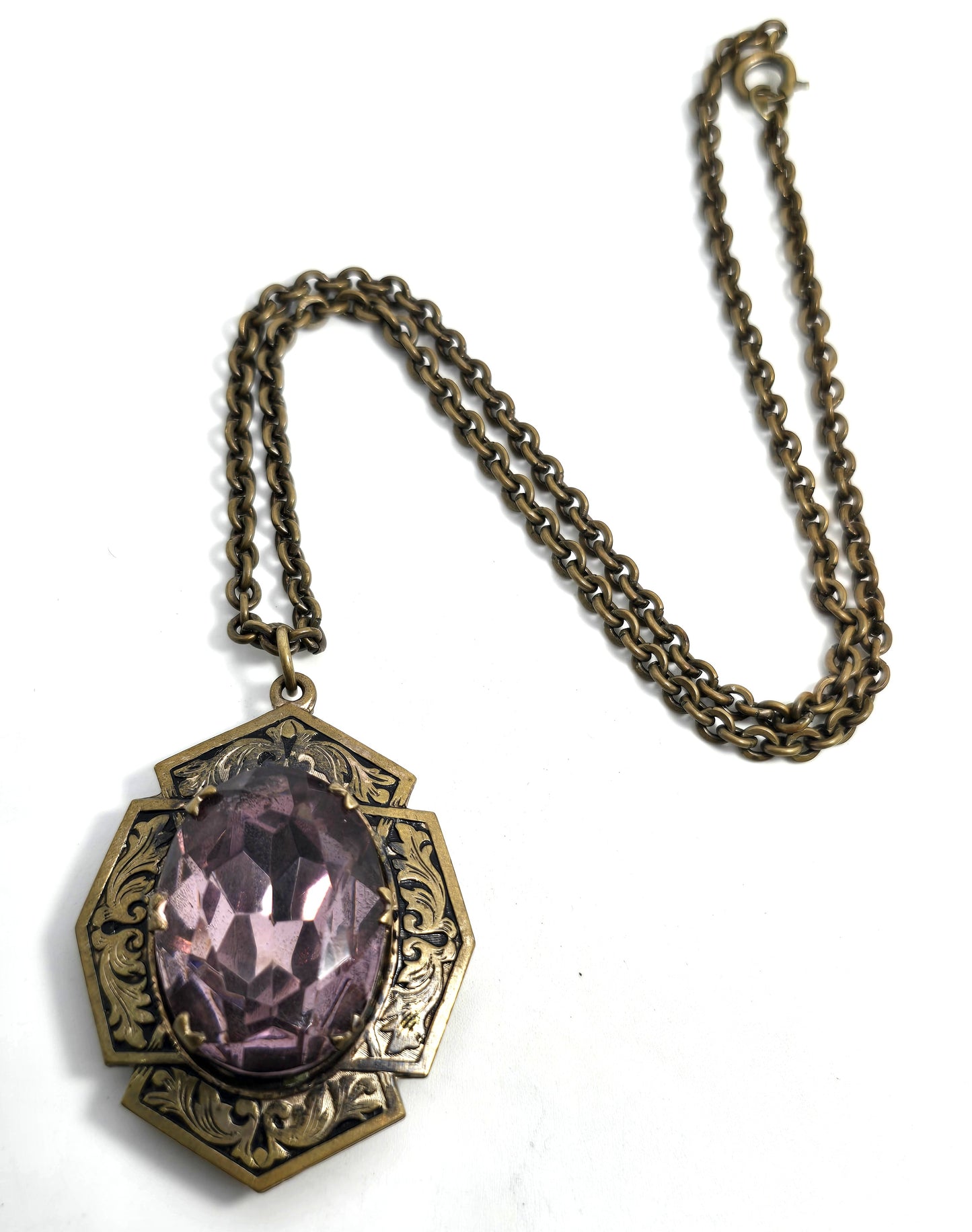 Taille de épargne Purple large paste Czech Glass Victorian locket necklace