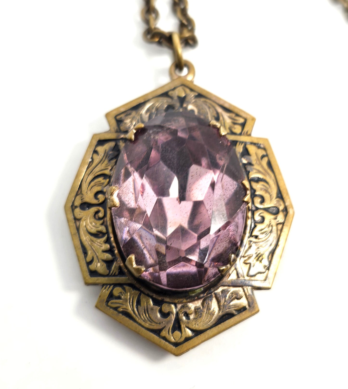Taille de épargne Purple large paste Czech Glass Victorian locket necklace