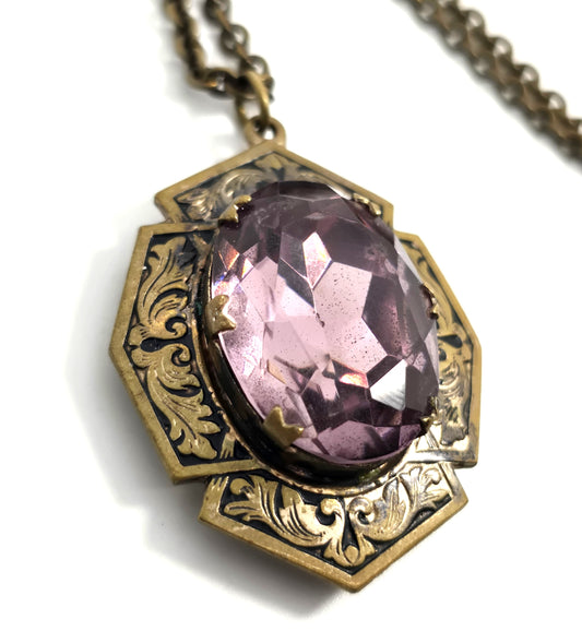 Taille de épargne Purple large paste Czech Glass Victorian locket necklace