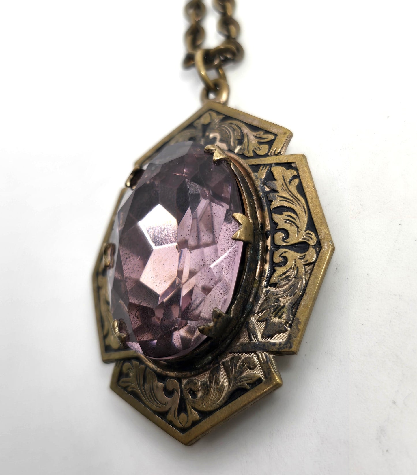 Taille de épargne Purple large paste Czech Glass Victorian locket necklace