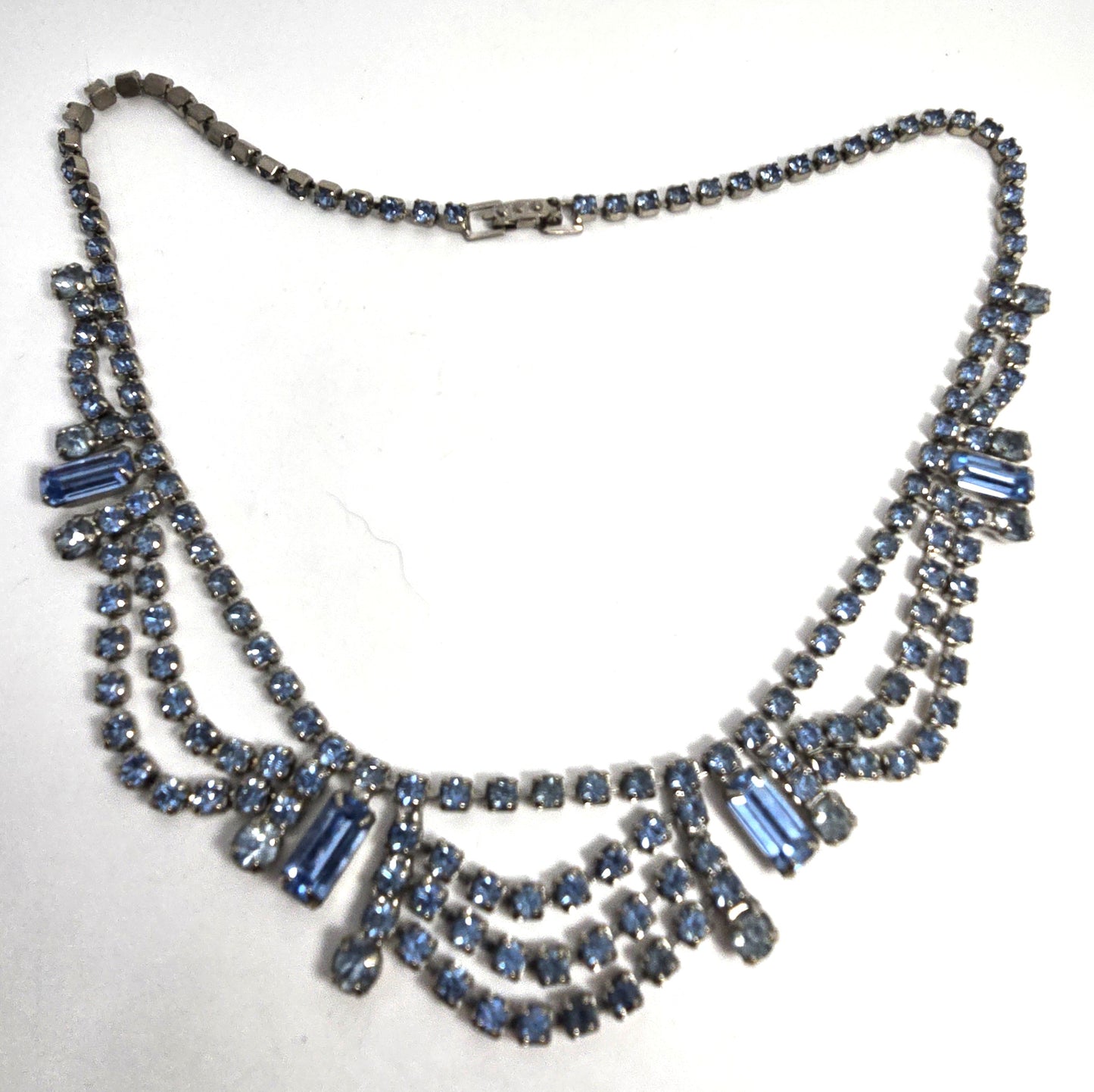 Blue rhinestone festoon vintage rhinestone mid century necklace