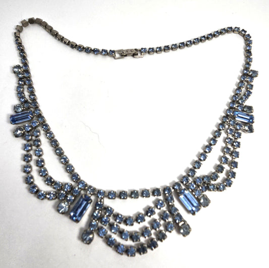 Blue rhinestone festoon vintage rhinestone mid century necklace