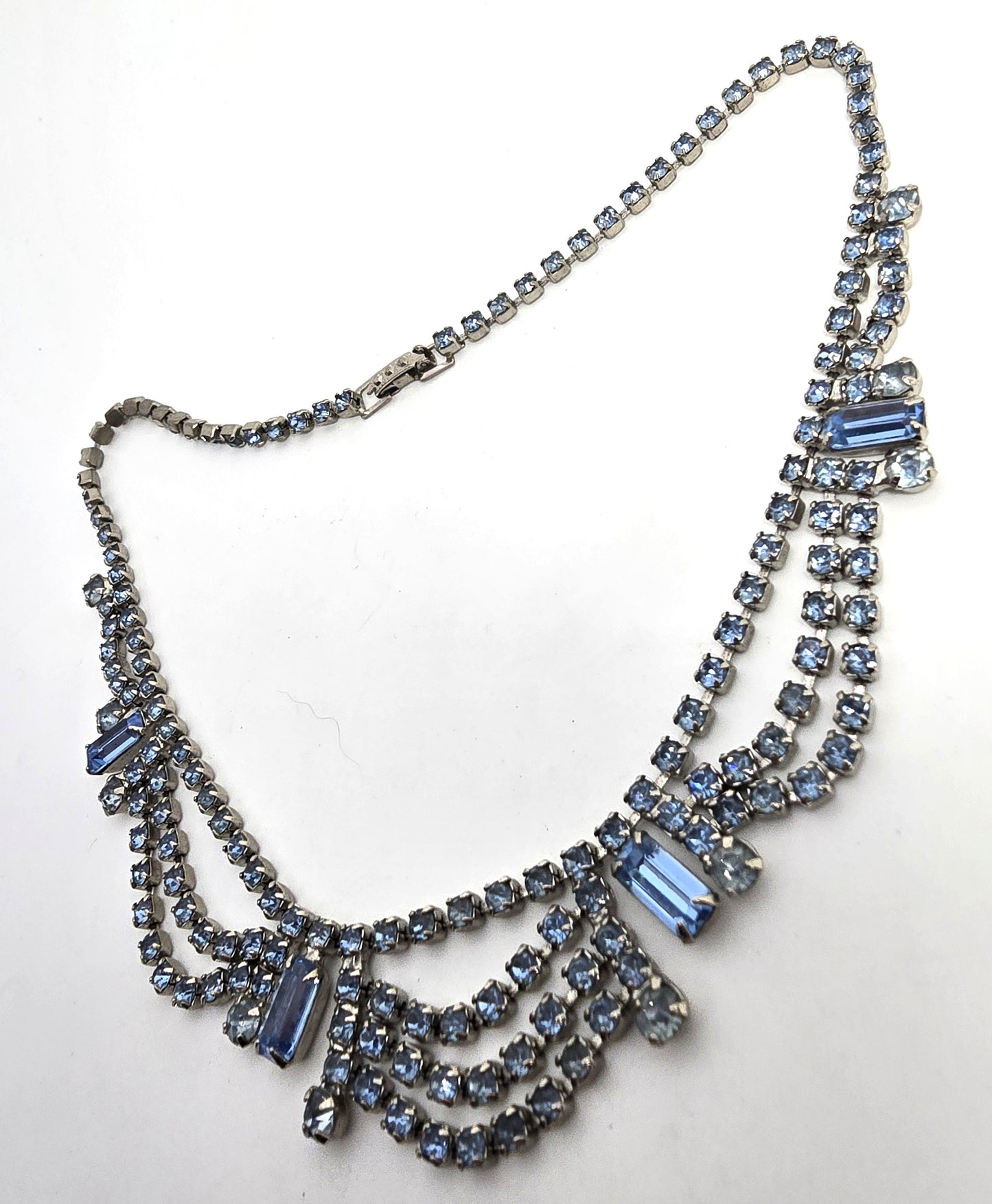Blue rhinestone festoon vintage rhinestone mid century necklace
