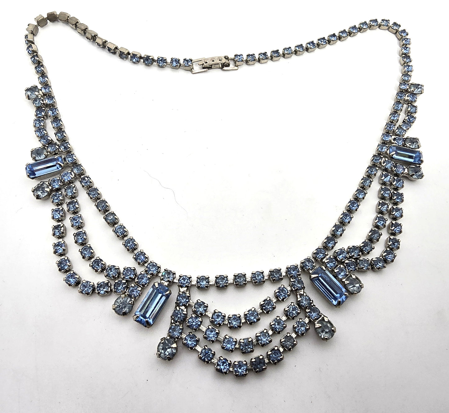 Blue rhinestone festoon vintage rhinestone mid century necklace