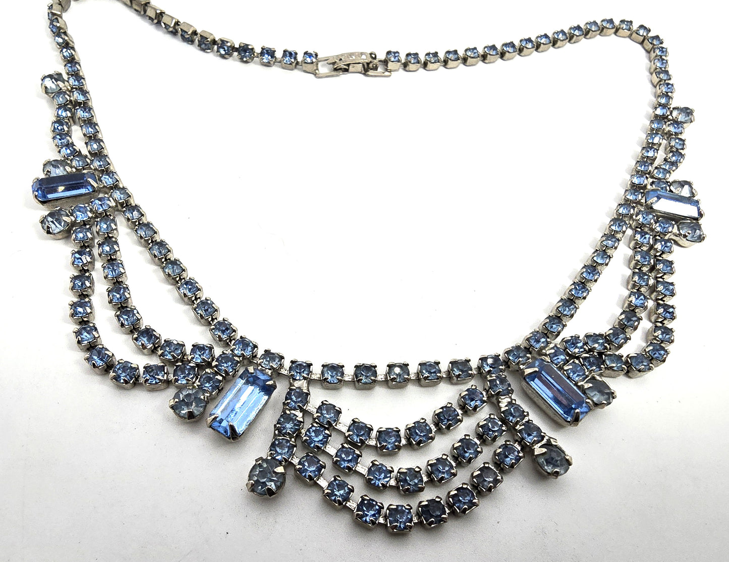 Blue rhinestone festoon vintage rhinestone mid century necklace