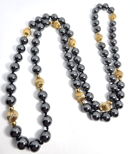 Hematite gold toned beaded long beaded 36 inch vintage necklace