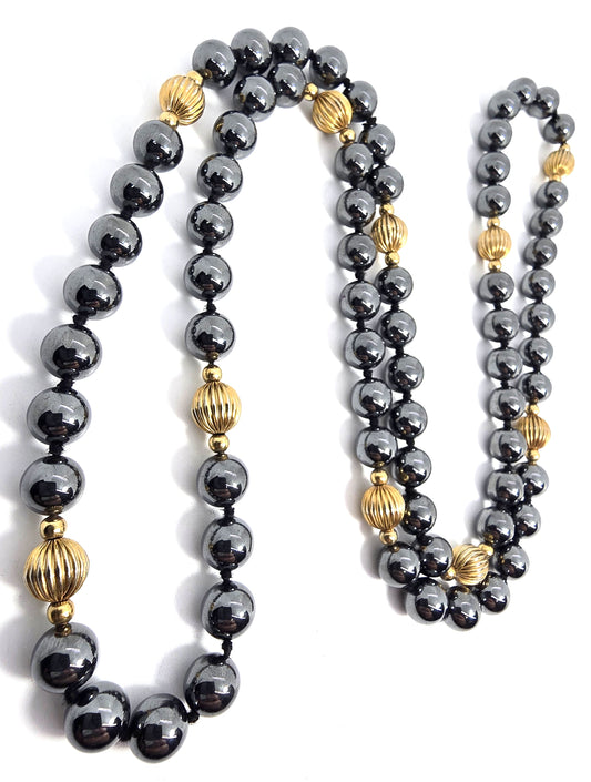Hematite gold toned beaded long beaded 36 inch vintage necklace