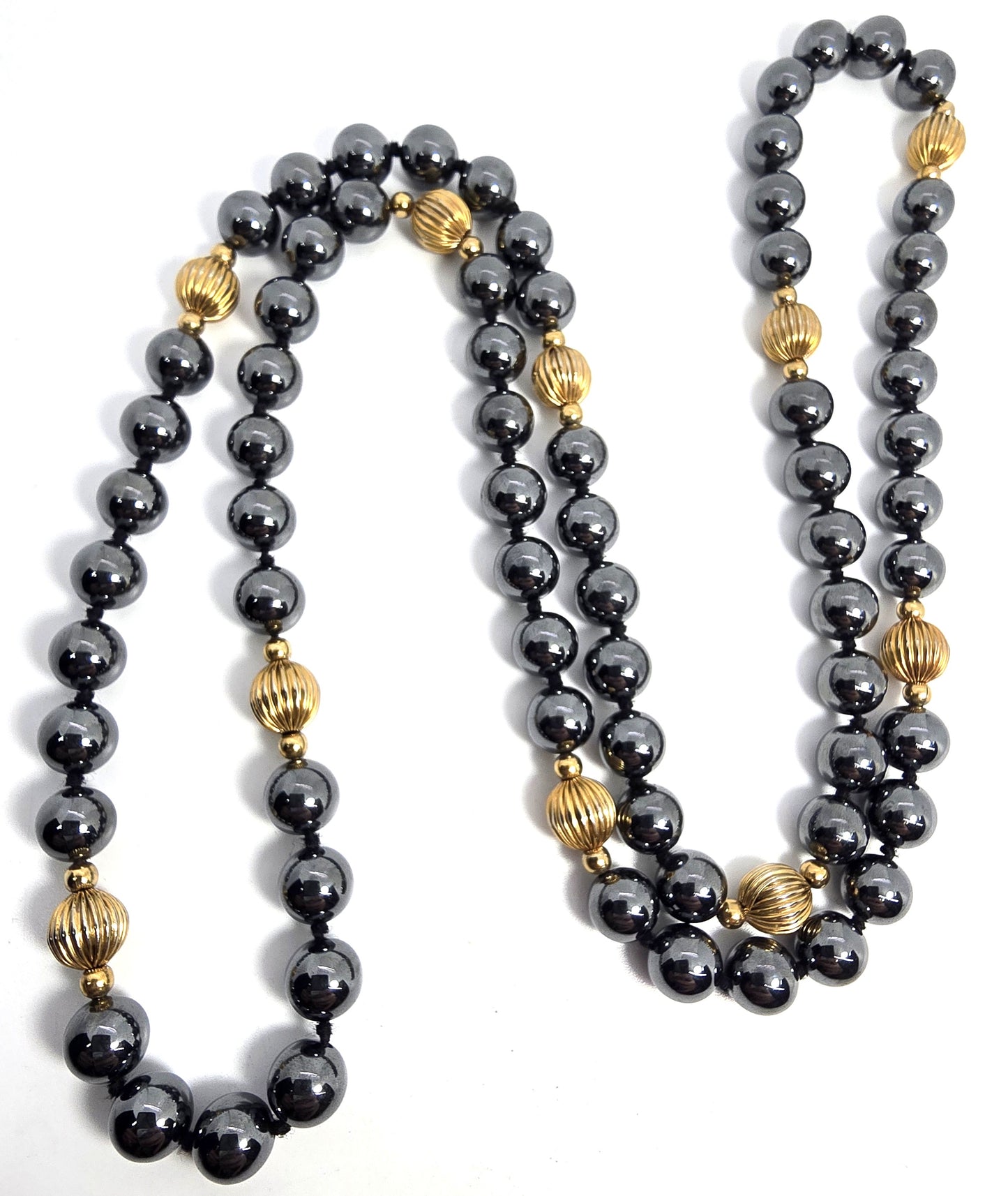 Hematite gold toned beaded long beaded 36 inch vintage necklace