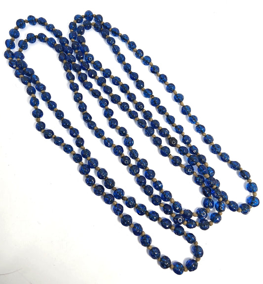 Art Deco molded glass cobalt blue beaded hand knotted antique necklace