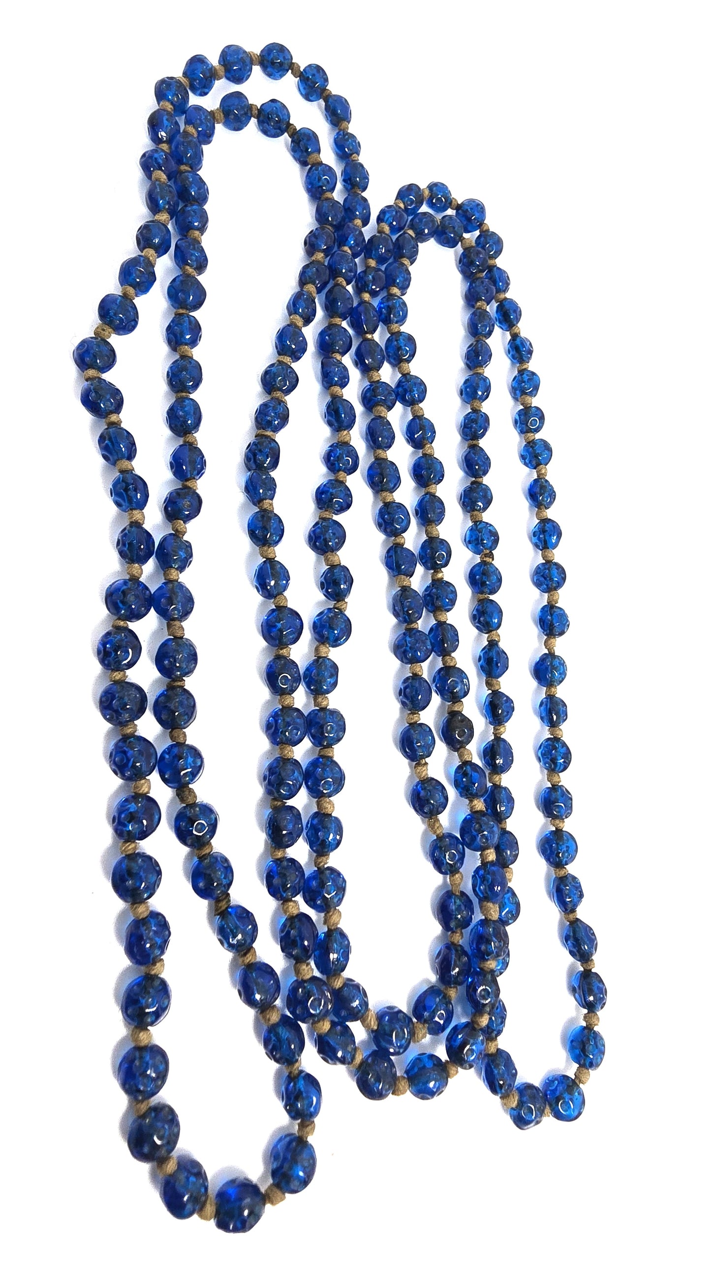 Art Deco molded glass cobalt blue beaded hand knotted antique necklace