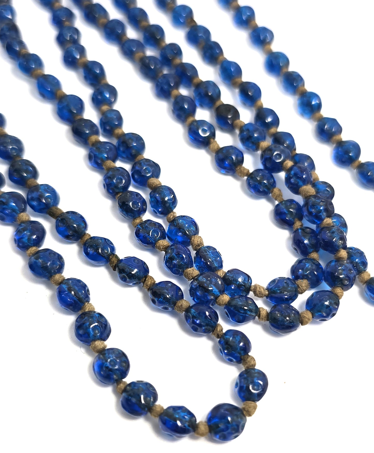 Art Deco molded glass cobalt blue beaded hand knotted antique necklace