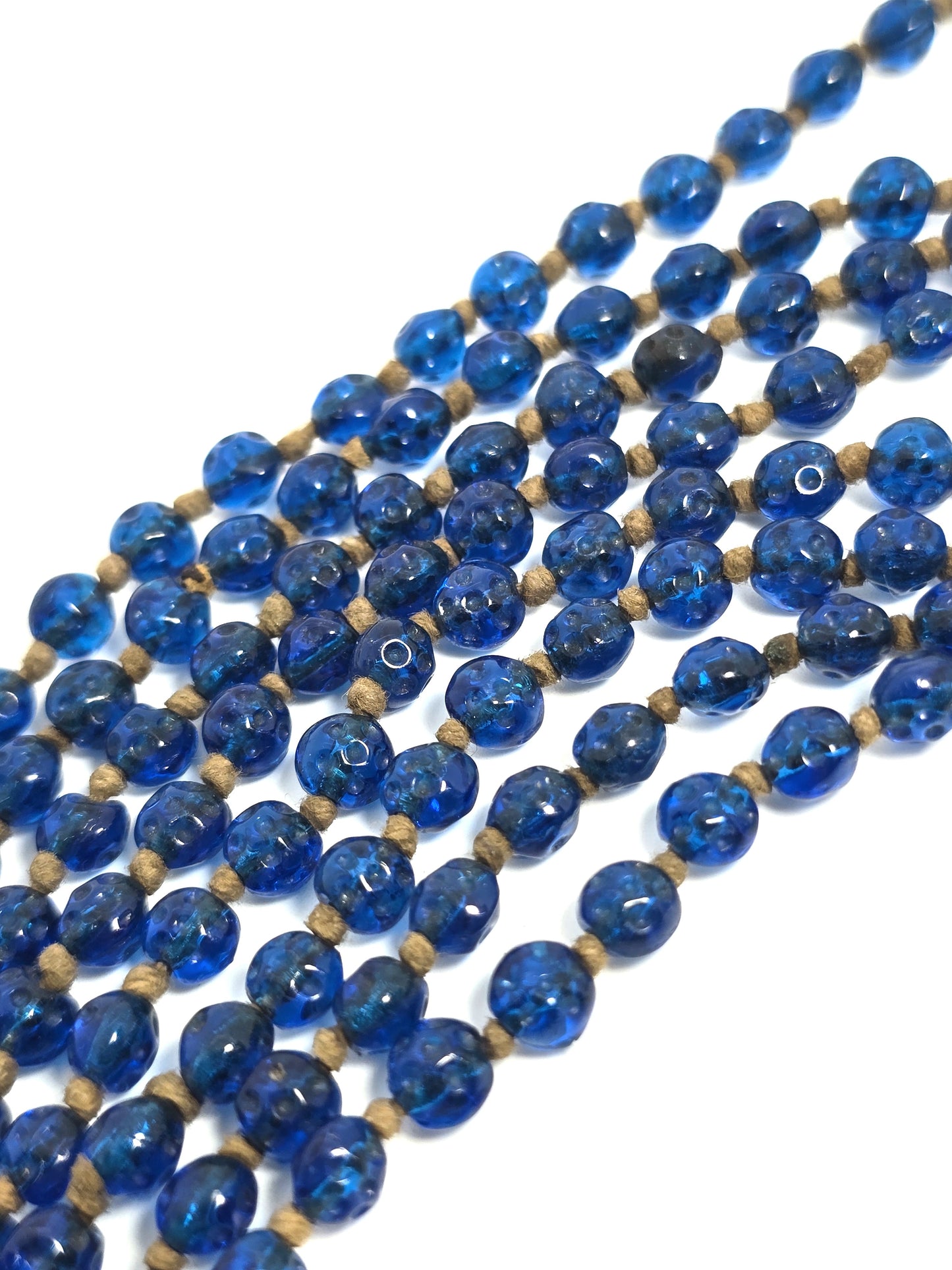 Art Deco molded glass cobalt blue beaded hand knotted antique necklace