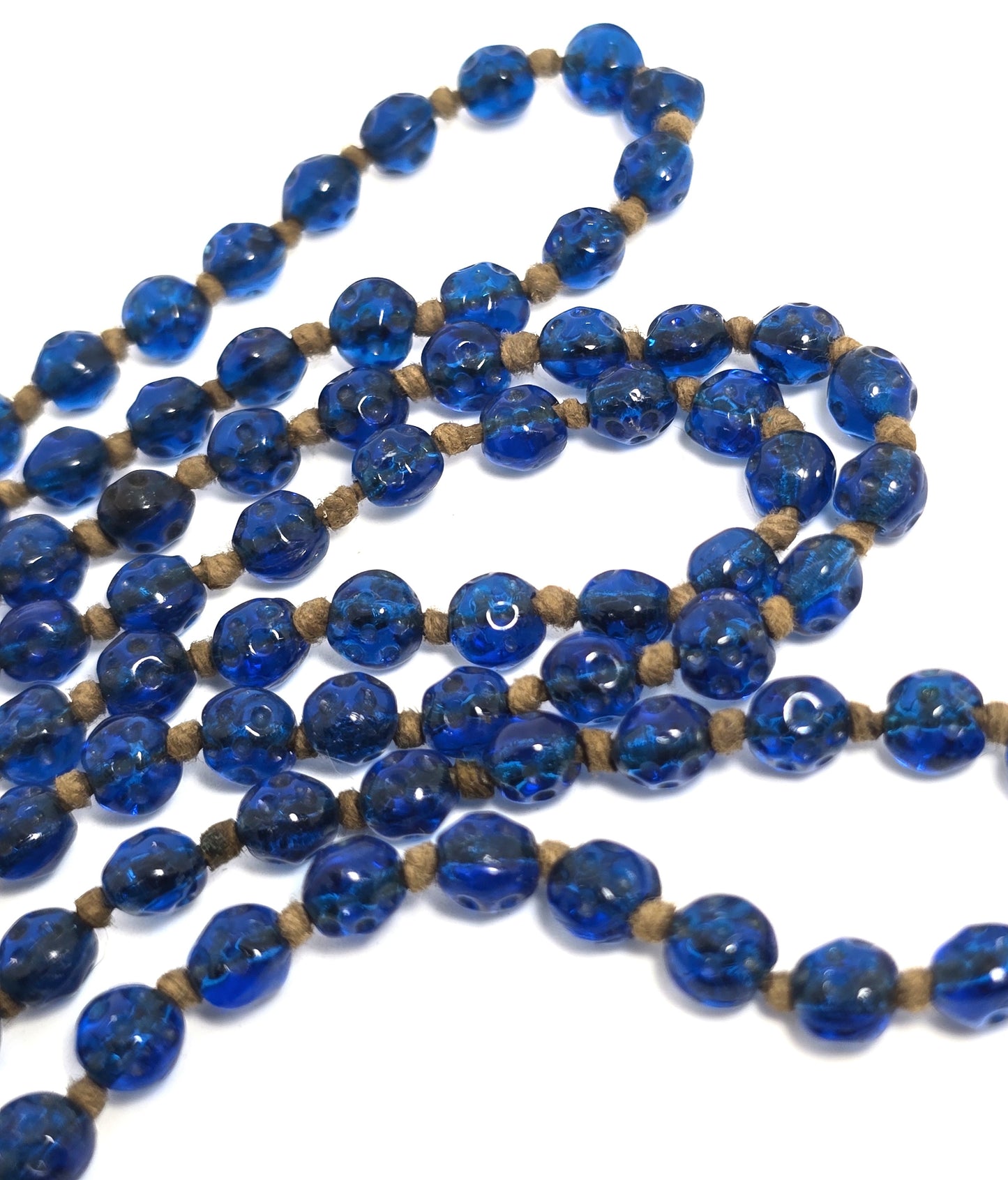 Art Deco molded glass cobalt blue beaded hand knotted antique necklace