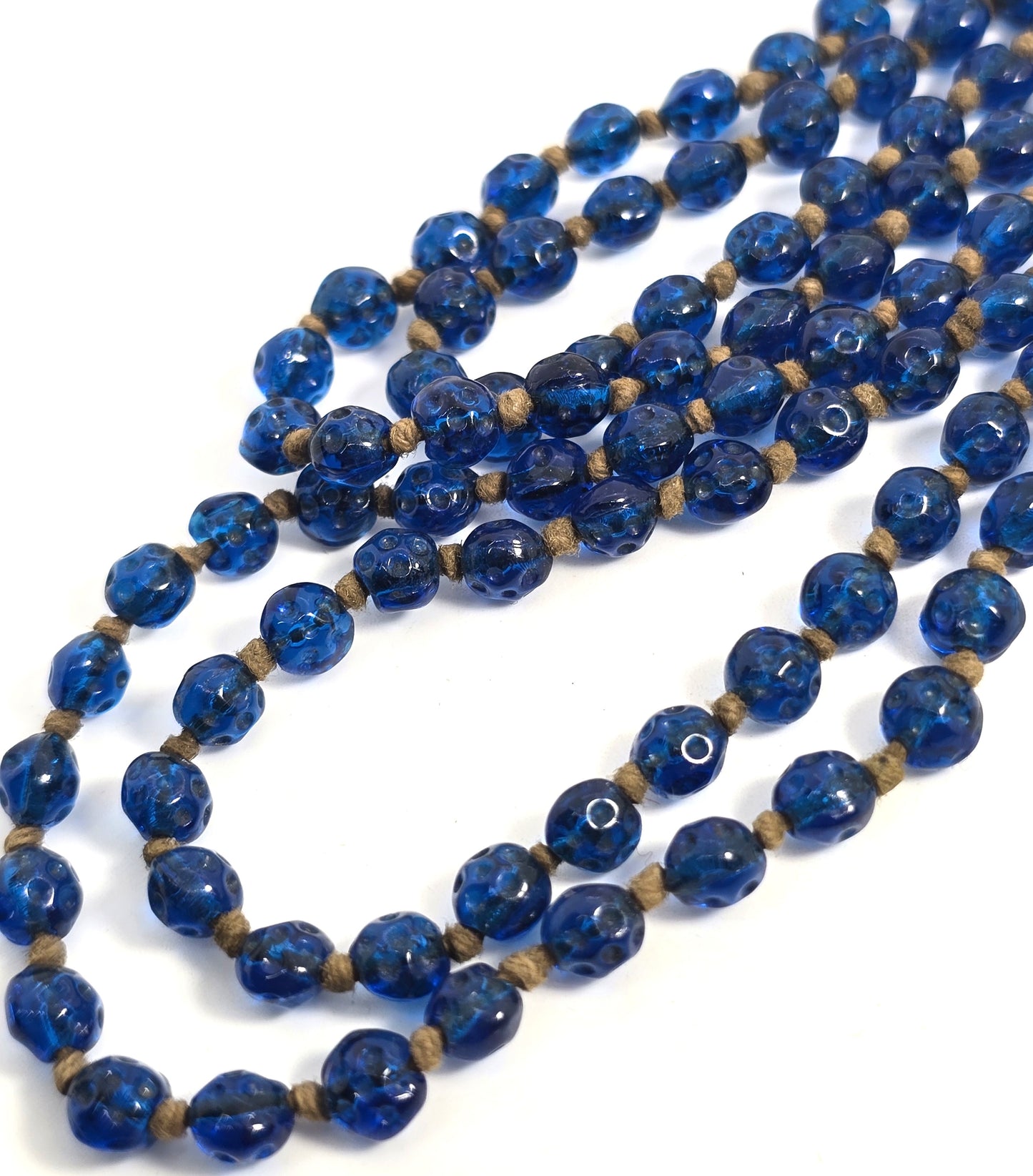 Art Deco molded glass cobalt blue beaded hand knotted antique necklace