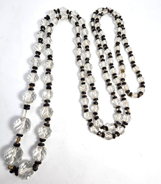 Art Deco cut glass black and white split beaded hand knotted antique necklace