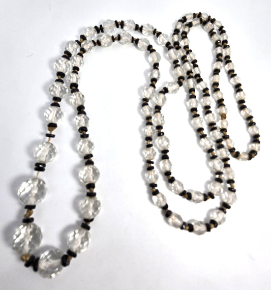 Art Deco cut glass black and white split beaded hand knotted antique necklace