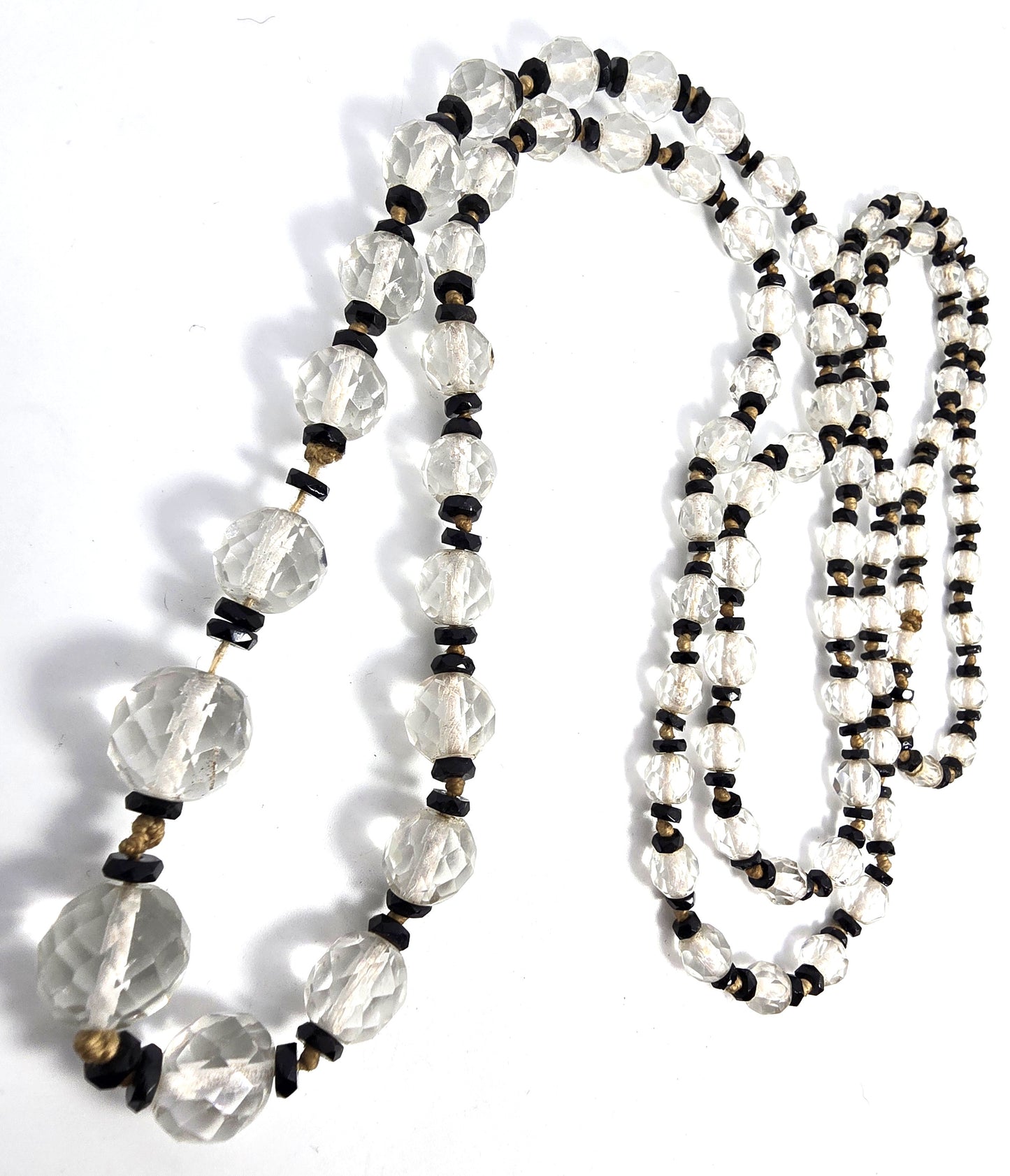 Art Deco cut glass black and white split beaded hand knotted antique necklace