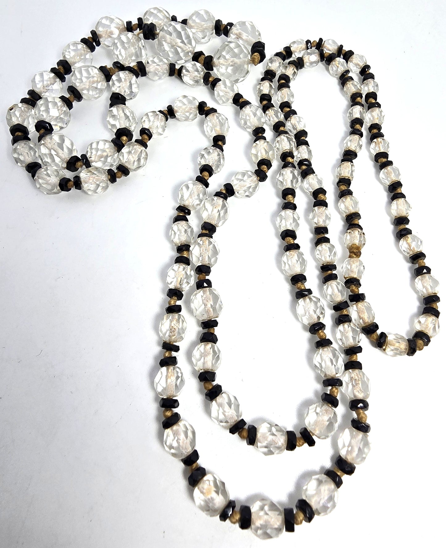 Art Deco cut glass black and white split beaded hand knotted antique necklace