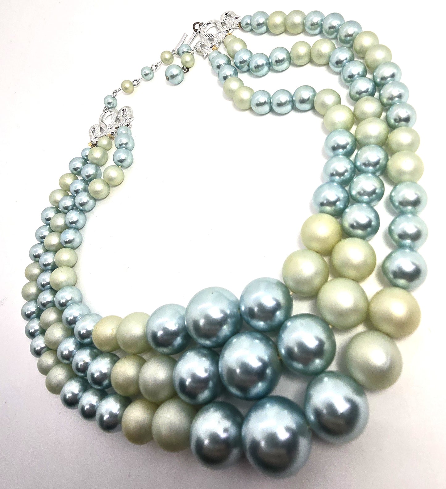 Baby blue pearlized and matte plastic beaded 3 stand vintage necklace