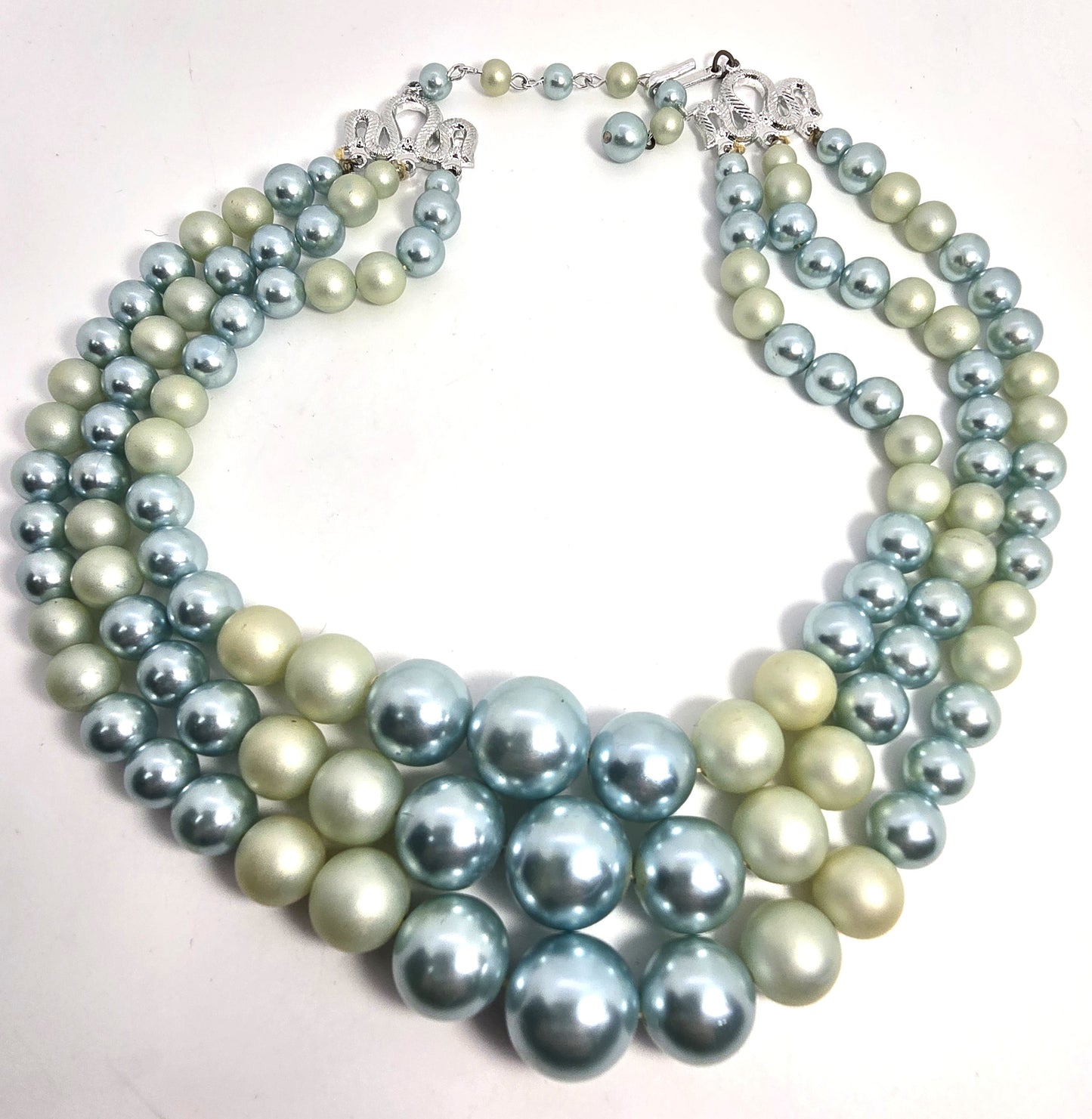 Baby blue pearlized and matte plastic beaded 3 stand vintage necklace