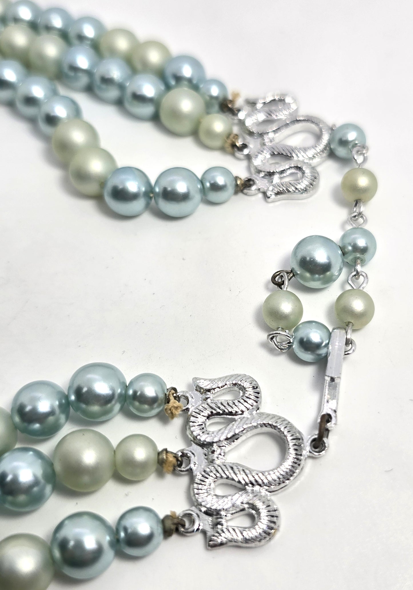 Baby blue pearlized and matte plastic beaded 3 stand vintage necklace
