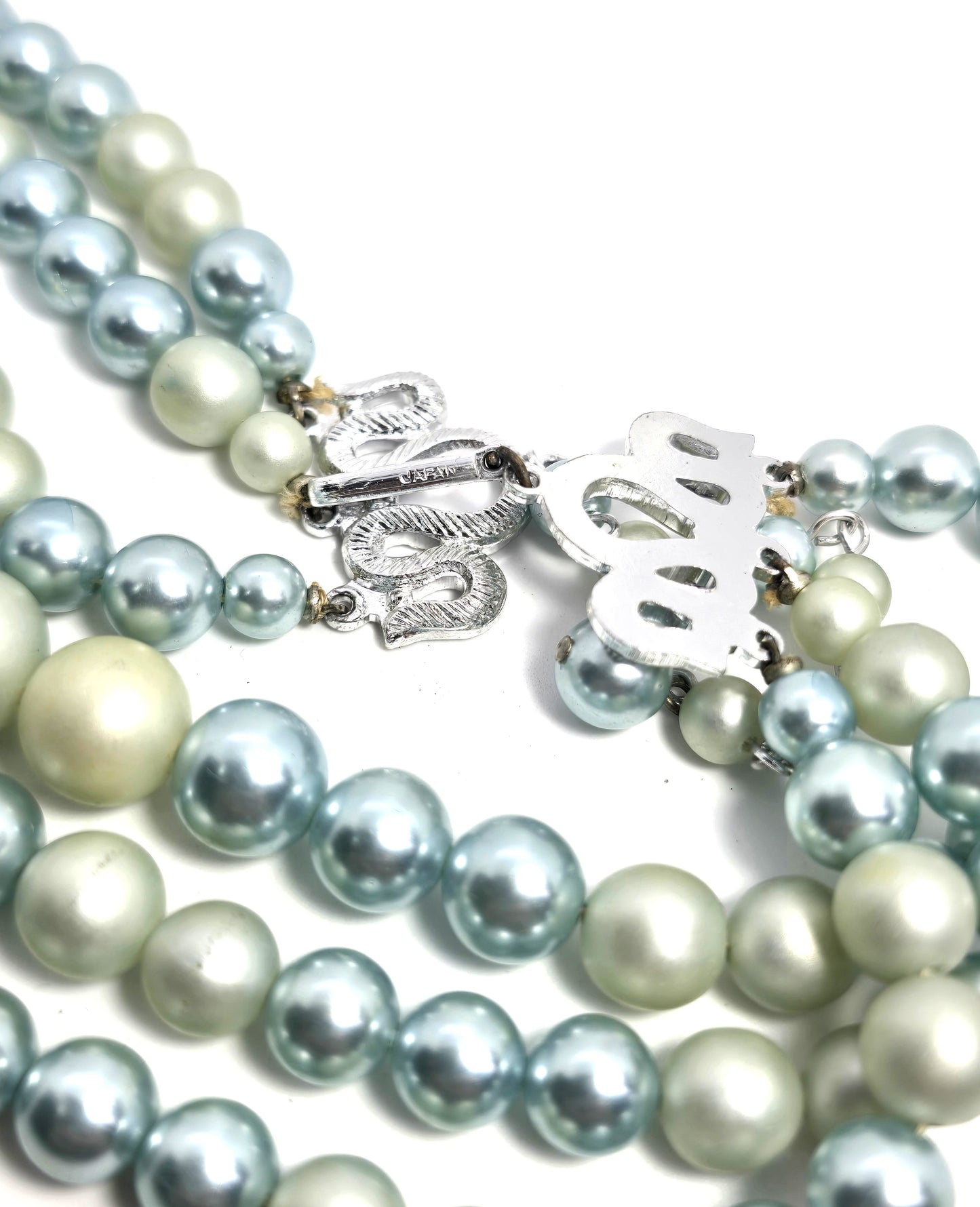 Baby blue pearlized and matte plastic beaded 3 stand vintage necklace