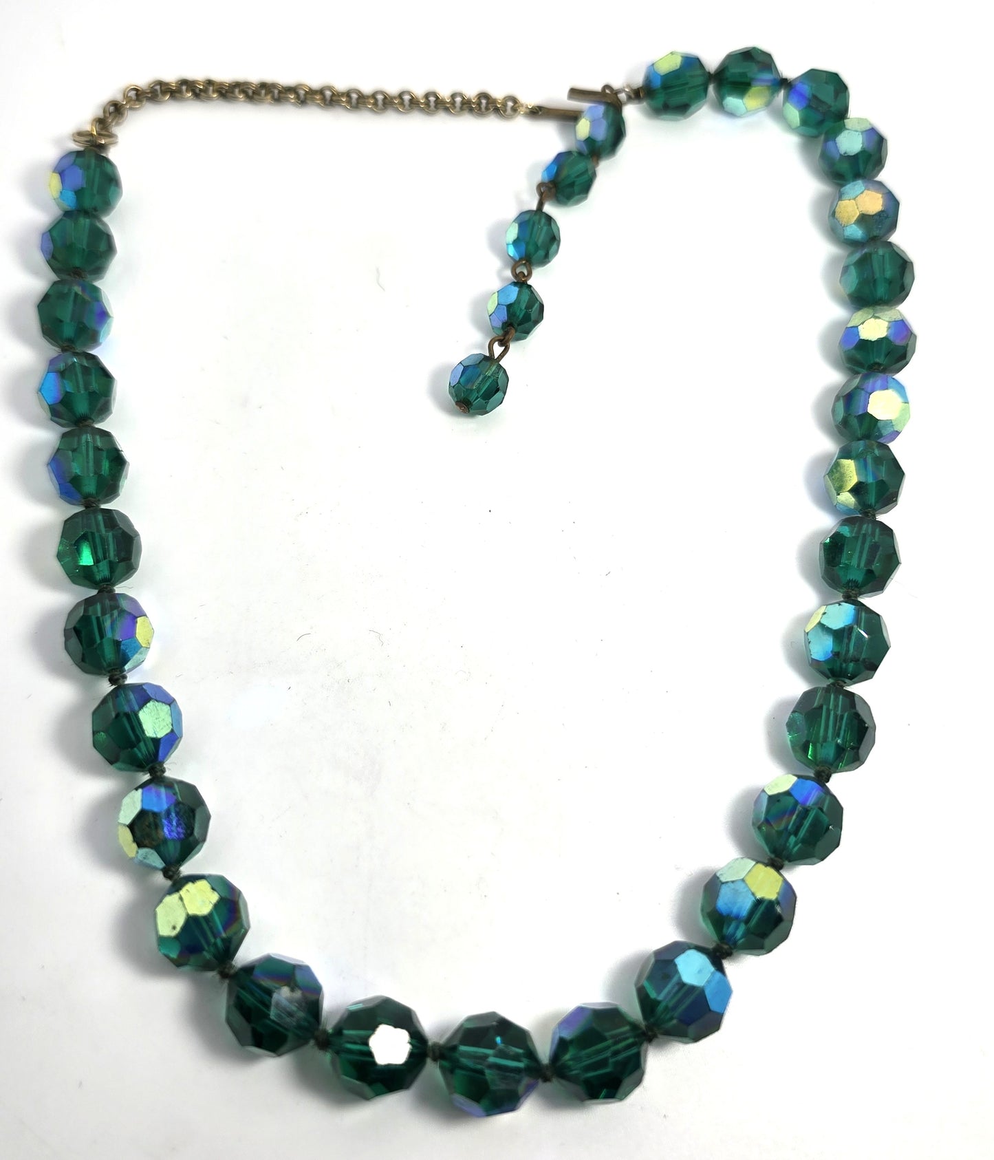 Green Austrian crystal Aurora Borealis AB beaded vintage mid century necklace