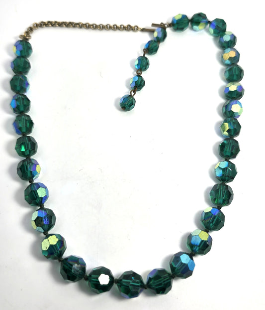 Green Austrian crystal Aurora Borealis AB beaded vintage mid century necklace