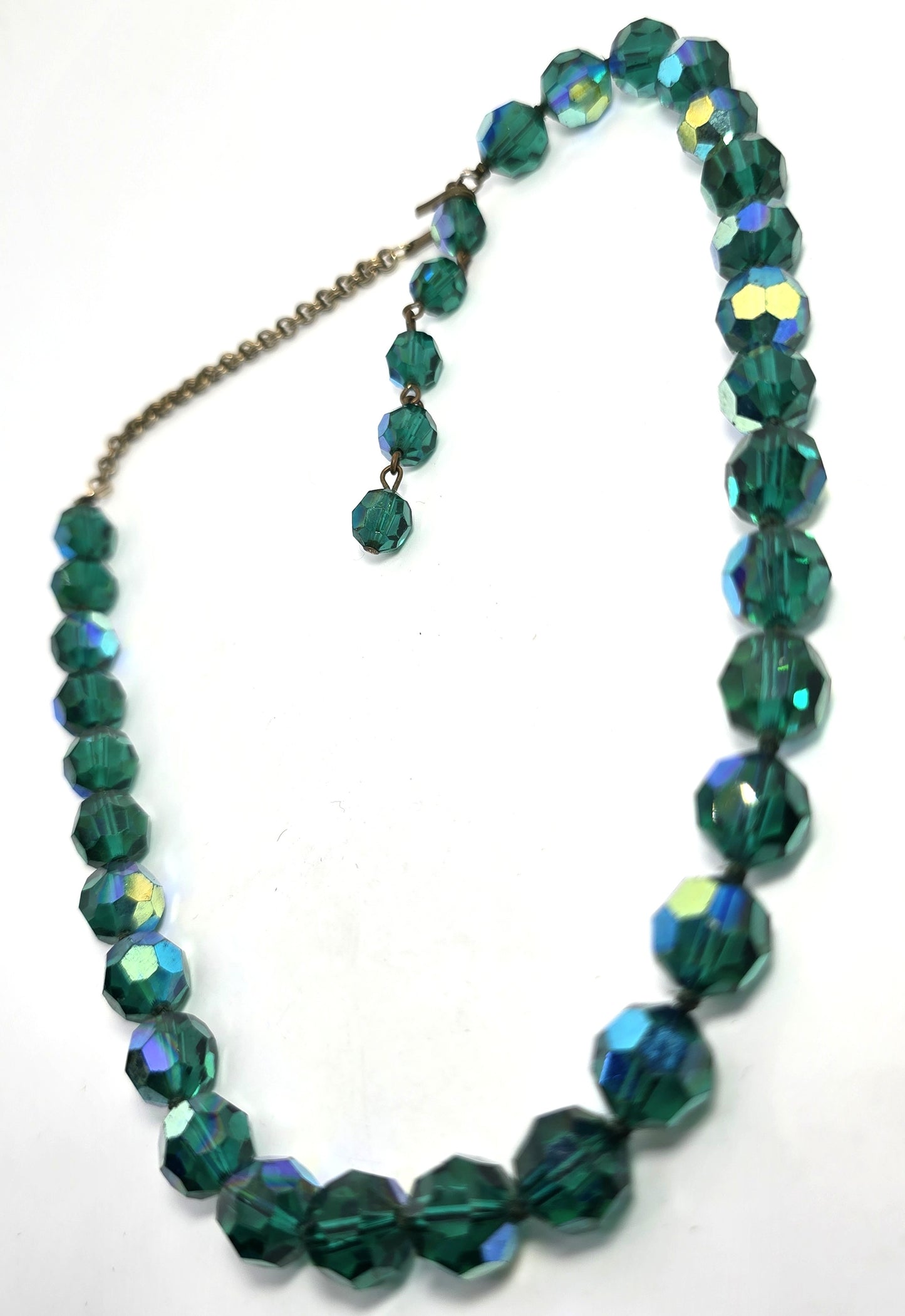 Green Austrian crystal Aurora Borealis AB beaded vintage mid century necklace