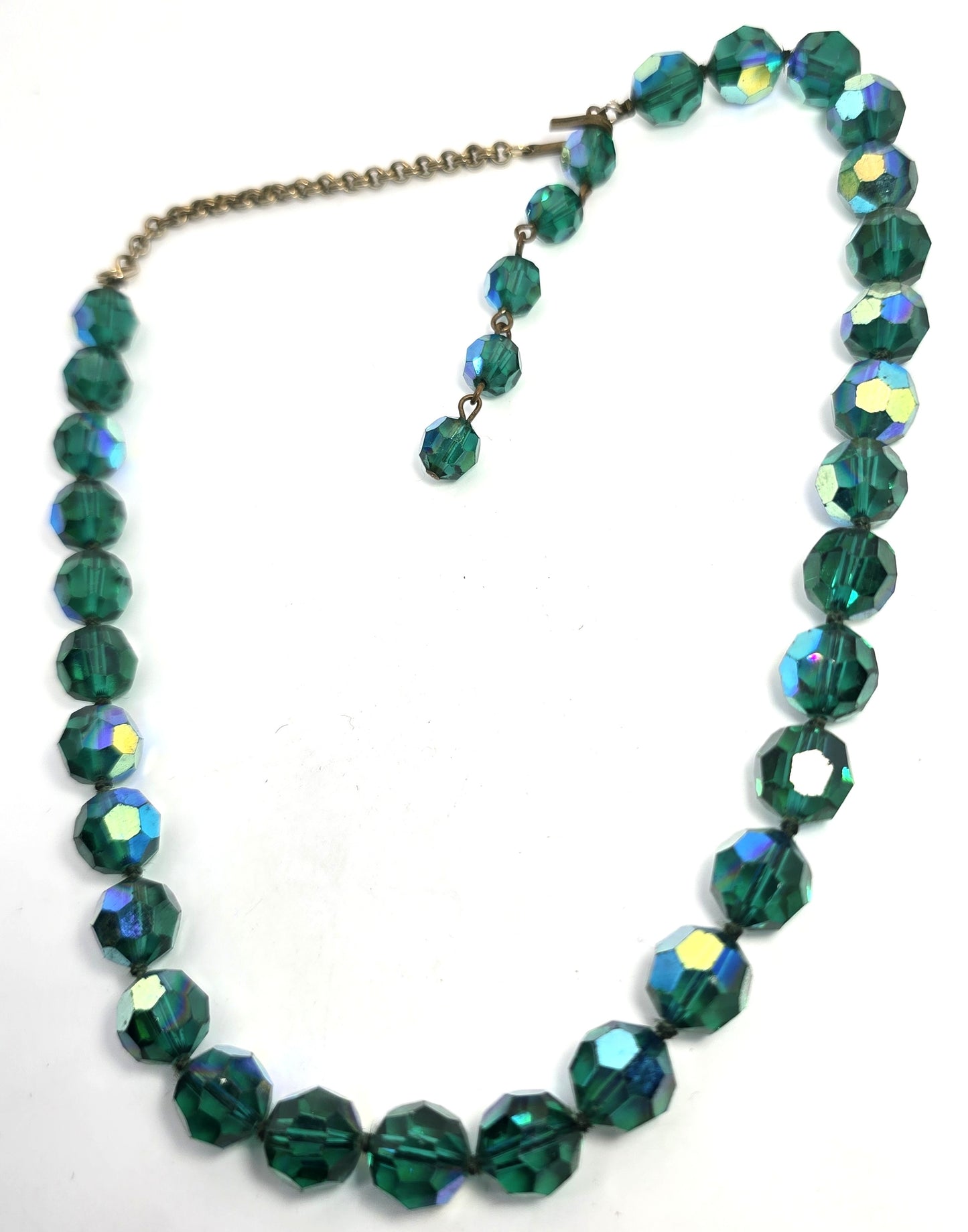 Green Austrian crystal Aurora Borealis AB beaded vintage mid century necklace