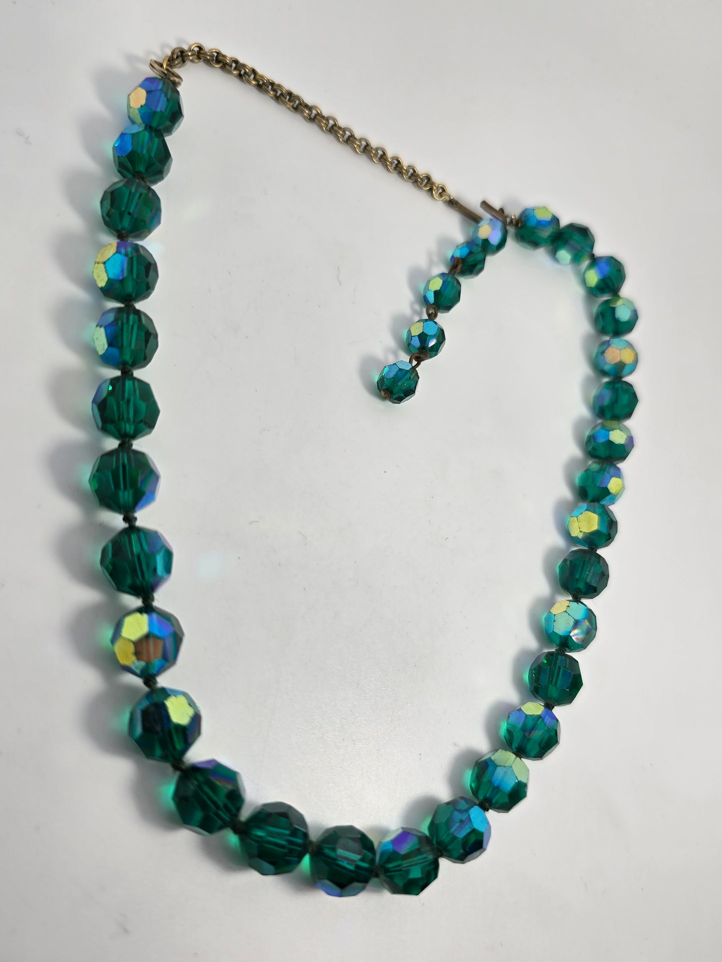 Green Austrian crystal Aurora Borealis AB beaded vintage mid century necklace