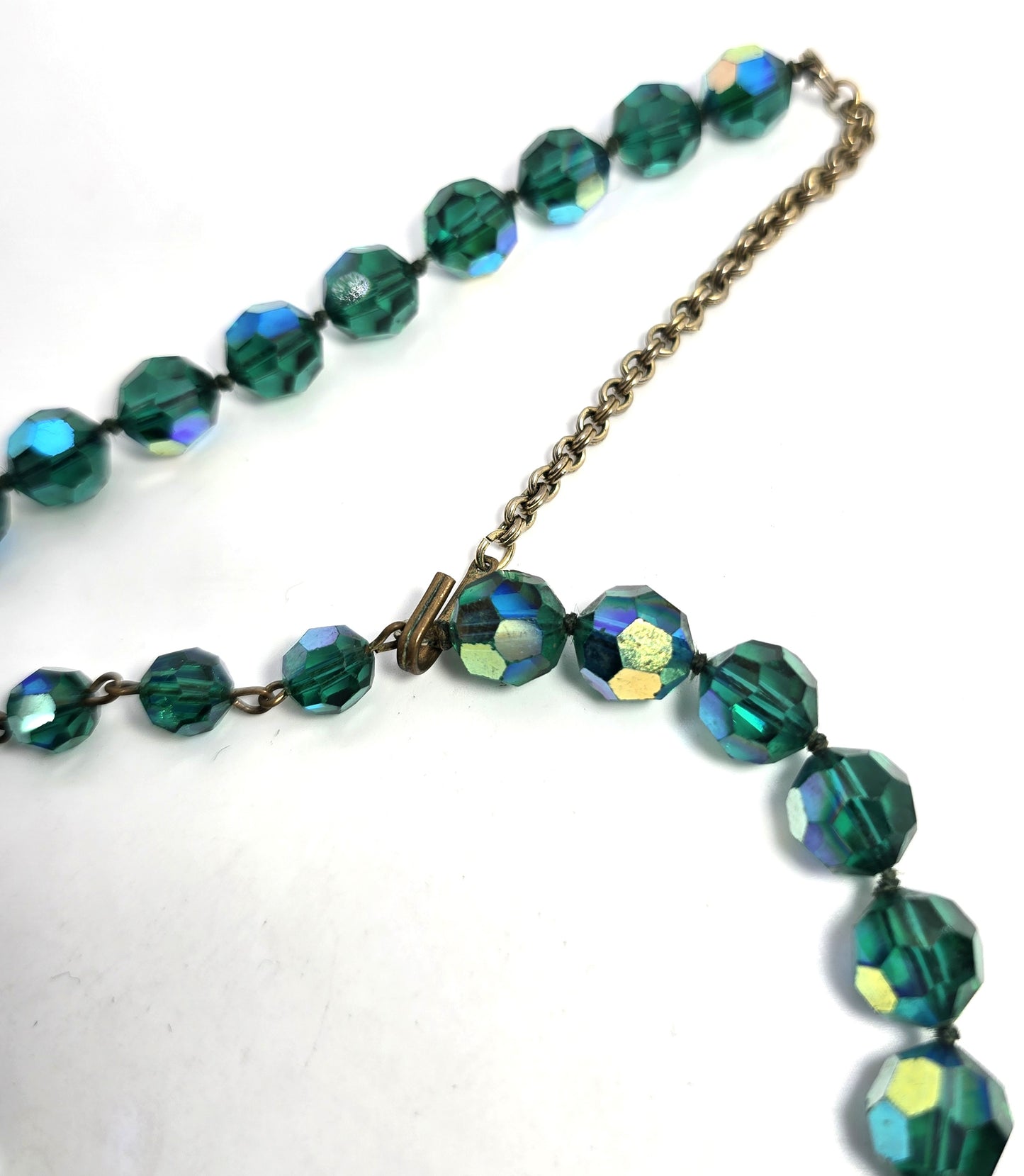 Green Austrian crystal Aurora Borealis AB beaded vintage mid century necklace