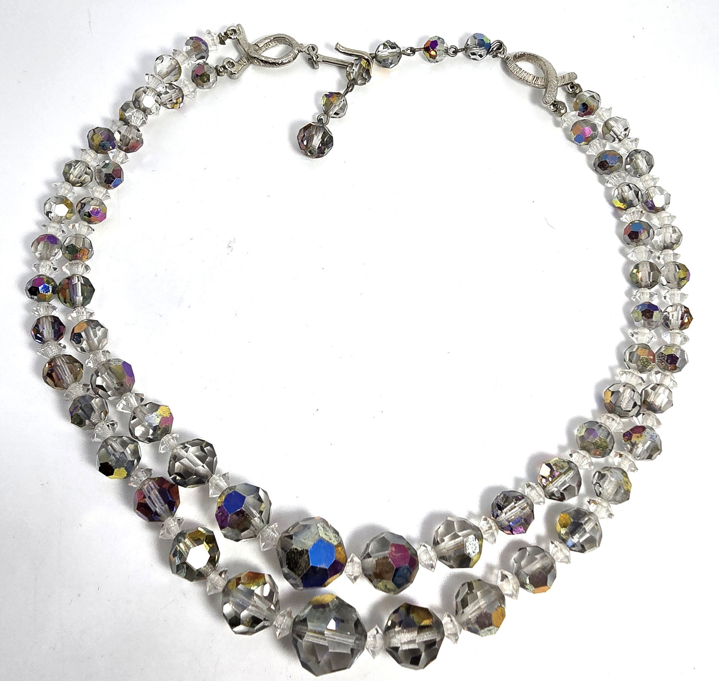 Austrian Crystal Silver Aurora Borealis graduated double strand vintage necklace