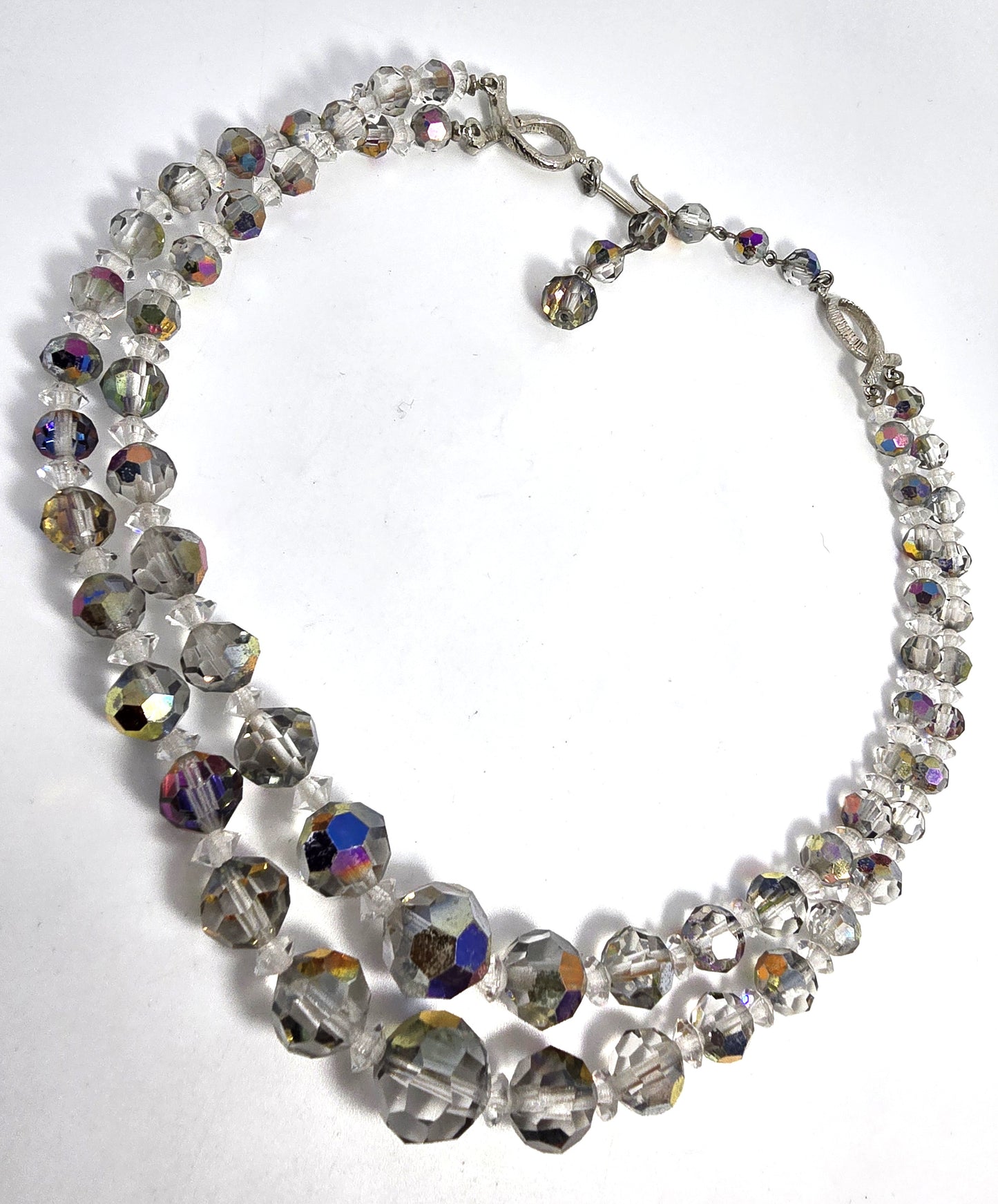 Austrian Crystal Silver Aurora Borealis graduated double strand vintage necklace
