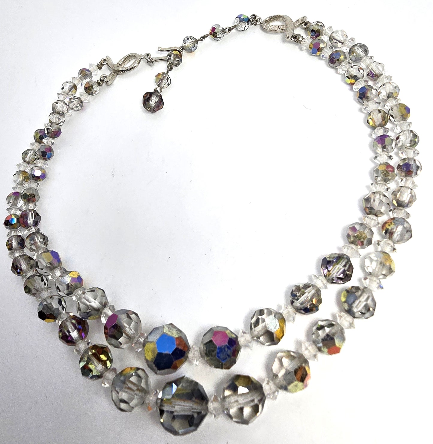 Austrian Crystal Silver Aurora Borealis graduated double strand vintage necklace